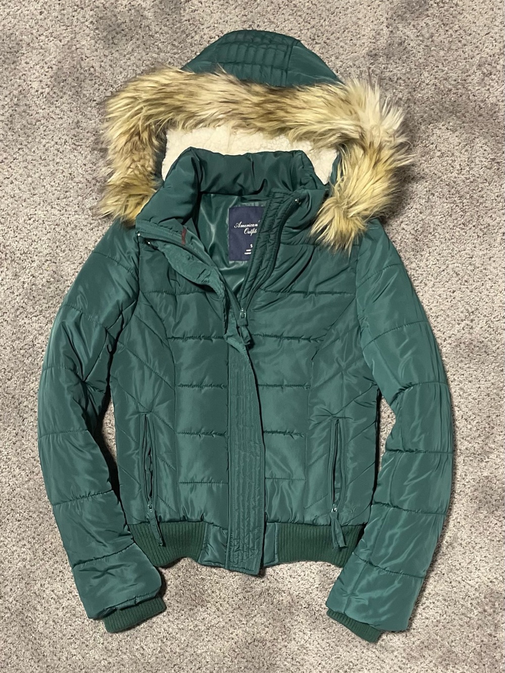Y2K American Eagle Fur Hood Puffer Jacket Green Sz S